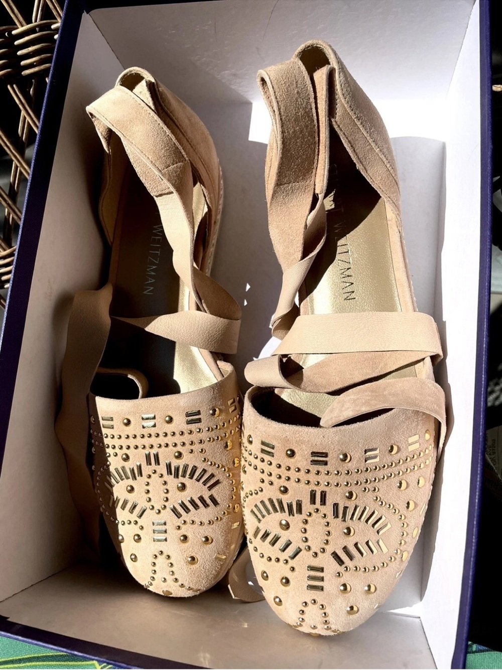 Stuart Weitzman Nude/Beige Suede Studded Lace-Up Flats